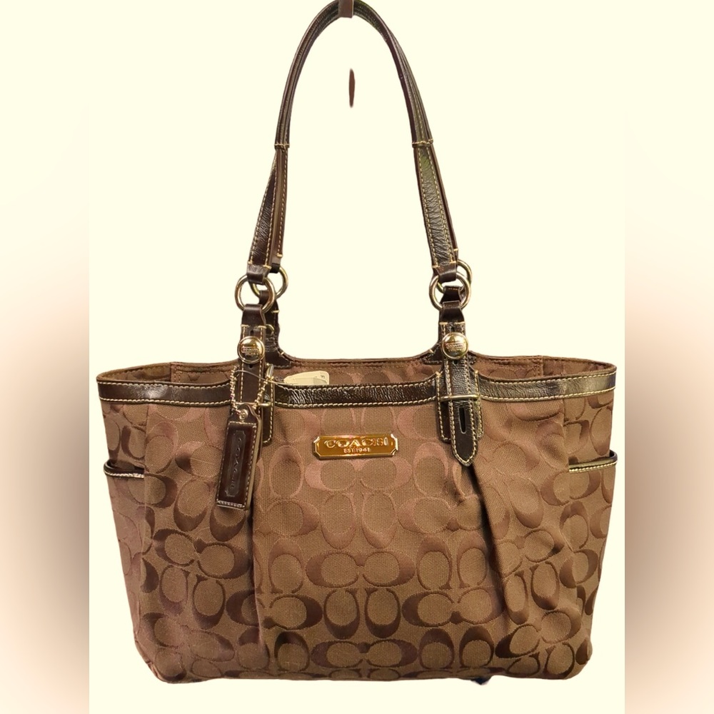 Coach F15146 Chocolate Brown Gallery Signature East West Tote Purple Lining